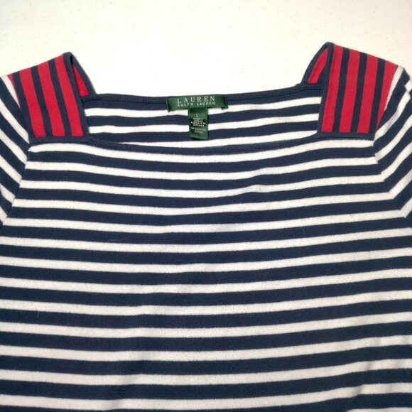 Lauren Ralph Lauren Shirt Women L Blue White Nautical Sailor Striped Gold Button - Picture 10 of 15